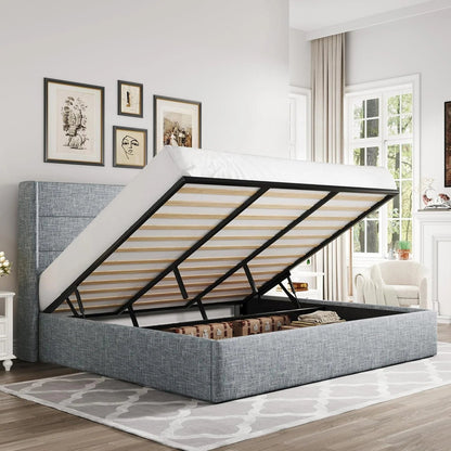 Allewie Queen Size Lift up Storage Bed, Modern Wingback Headboard, Hydraulic Support, Light Beige