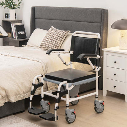 4 in 1 Bedside Commode Chair Shower Wheelchair with Detachable Bucket Padded Mobile Toilet Chair, Comfortable and Ergonomic Design