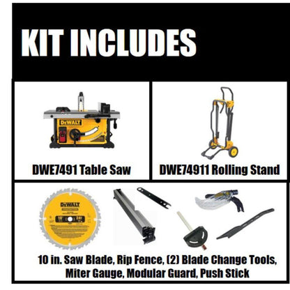 15 Amp Corded 10 In. Job Site Table Saw with Rolling Stand DWE7491RS