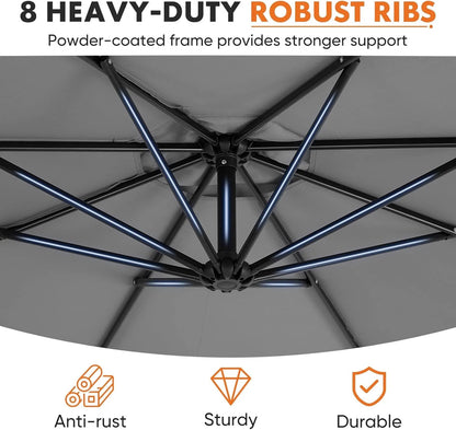 9.8FT Offset Patio Umbrella Hanging Cantilever Umbrella Outdoor Sun Shade with Easy Tilt Adjustment, 8 Ribs, UV Protection for Backyard, Lawn