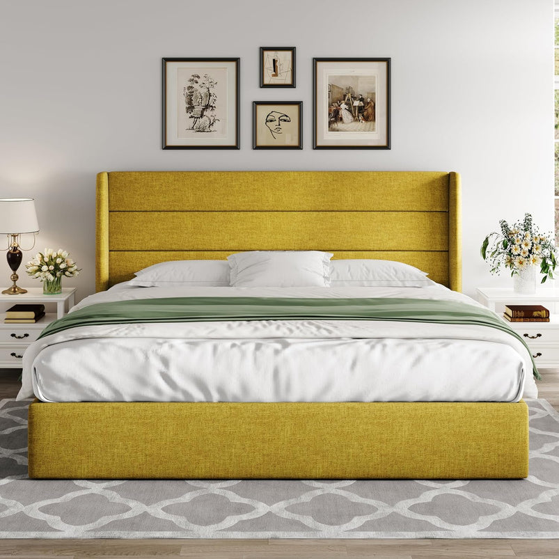 Allewie Queen Size Lift up Storage Bed, Modern Wingback Headboard, Hydraulic Support, Light Beige