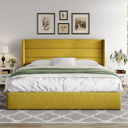 Allewie Queen Size Lift up Storage Bed, Modern Wingback Headboard, Hydraulic Support, Light Beige