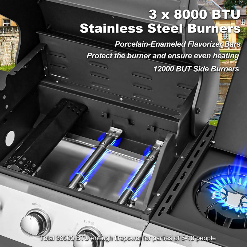 Upgraded 4 Burner BBQ Propane Gas Grill with Cast Iron Grates and Side Stove, 44, 000 BTU Stainless Steel Burner Barbecue Grill for Patio, Camping