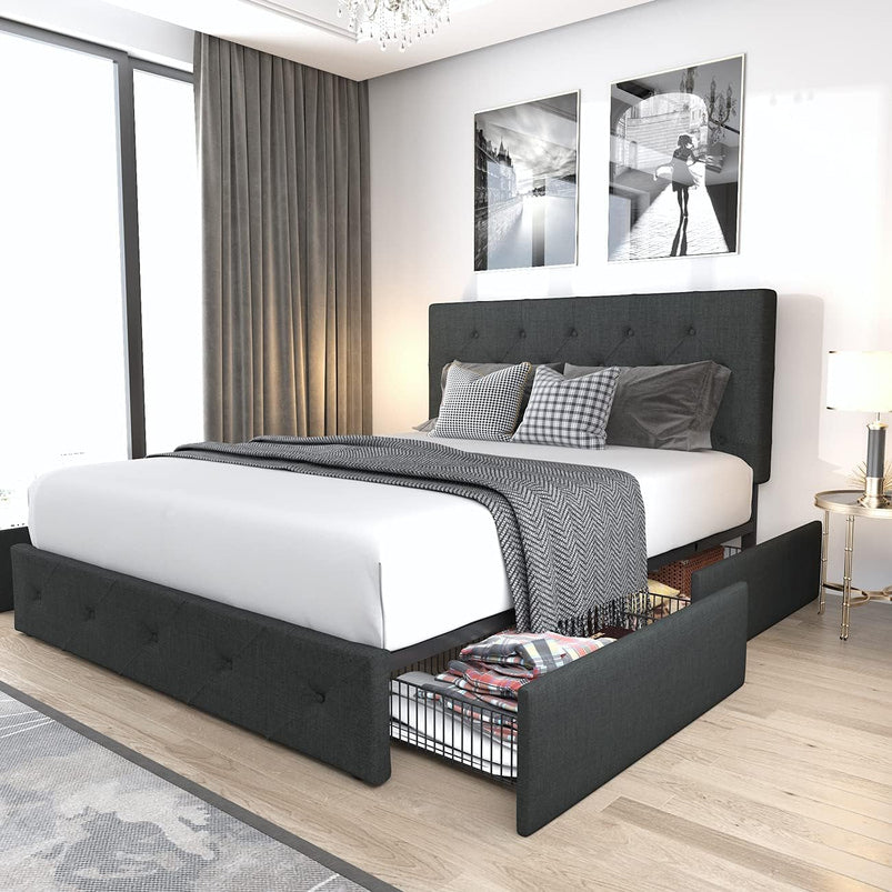 Allewie Upholstered Queen Size Platform Bed Frame with 4 Storage Drawers and Headboard, Square Stitched Button Tufted