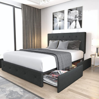Allewie Upholstered Queen Size Platform Bed Frame with 4 Storage Drawers and Headboard, Square Stitched Button Tufted