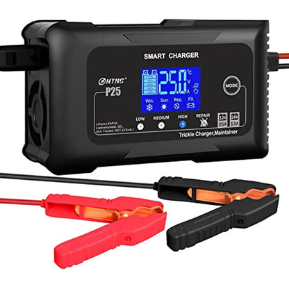 25-Amp Smart Battery Charger, Lithium, LiFePO4, Lead-Acid AGM/Gel/SLA Car Battery Trickle Charger, Maintainer/Deep Cycle Charger, 12V/25A and 24V/13A