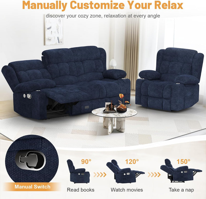 3 Seat Reclining Sofa with Storage Drawer USB Ports and Cup Holders Manual Couch