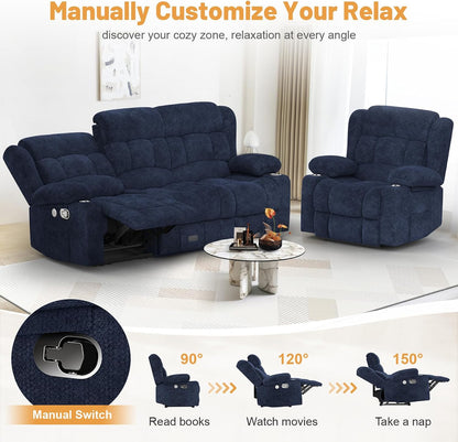 3 Seat Reclining Sofa with Storage Drawer USB Ports and Cup Holders Manual Couch