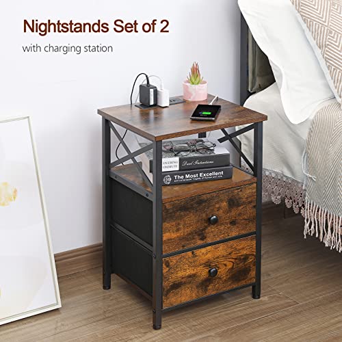 Amhancible Night Stand Set 2, Nightstand with Charging Station
