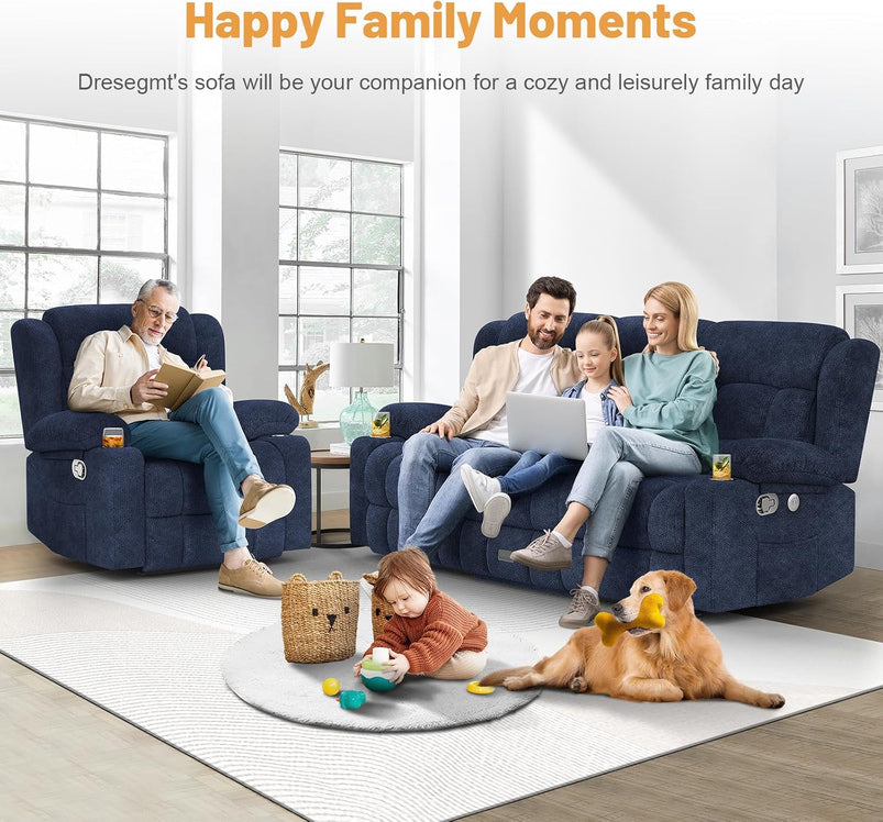 3 Seat Reclining Sofa with Storage Drawer USB Ports and Cup Holders Manual Couch