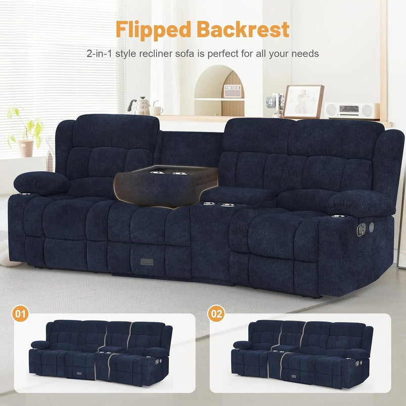 3 Seat Reclining Sofa with Storage Drawer USB Ports and Cup Holders Manual Couch