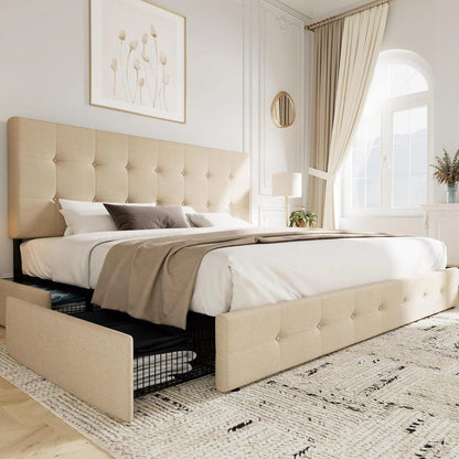Allewie Upholstered Queen Size Platform Bed Frame with 4 Storage Drawers and Headboard, Square Stitched Button Tufted