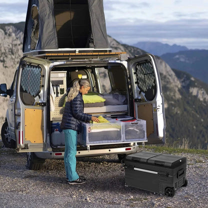48 Qt. Portable 12V Electric Cooler with LG Compressor, Fridge and Freezer, Rugged Wheels, and Solar Power Input, Perfect Plug-in Cooler for Camping