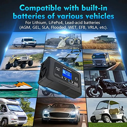 25-Amp Smart Battery Charger, Lithium, LiFePO4, Lead-Acid AGM/Gel/SLA Car Battery Trickle Charger, Maintainer/Deep Cycle Charger, 12V/25A and 24V/13A