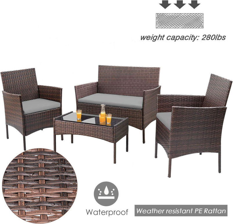 4 Pieces Patio Rattan Chair Wicker, Outdoor Indoor Use Backyard Porch Garden Poolside Balcony Furniture Sets Red