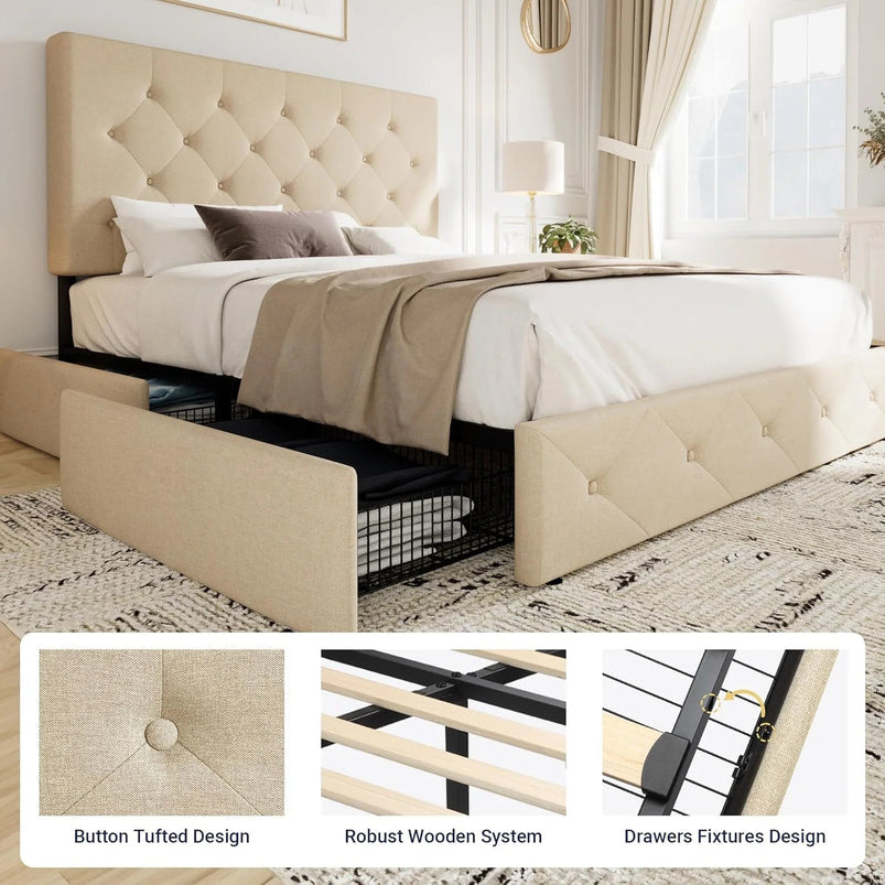 Allewie Upholstered Queen Size Platform Bed Frame with 4 Storage Drawers and Headboard, Square Stitched Button Tufted
