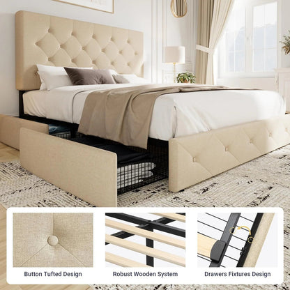 Allewie Upholstered Queen Size Platform Bed Frame with 4 Storage Drawers and Headboard, Square Stitched Button Tufted
