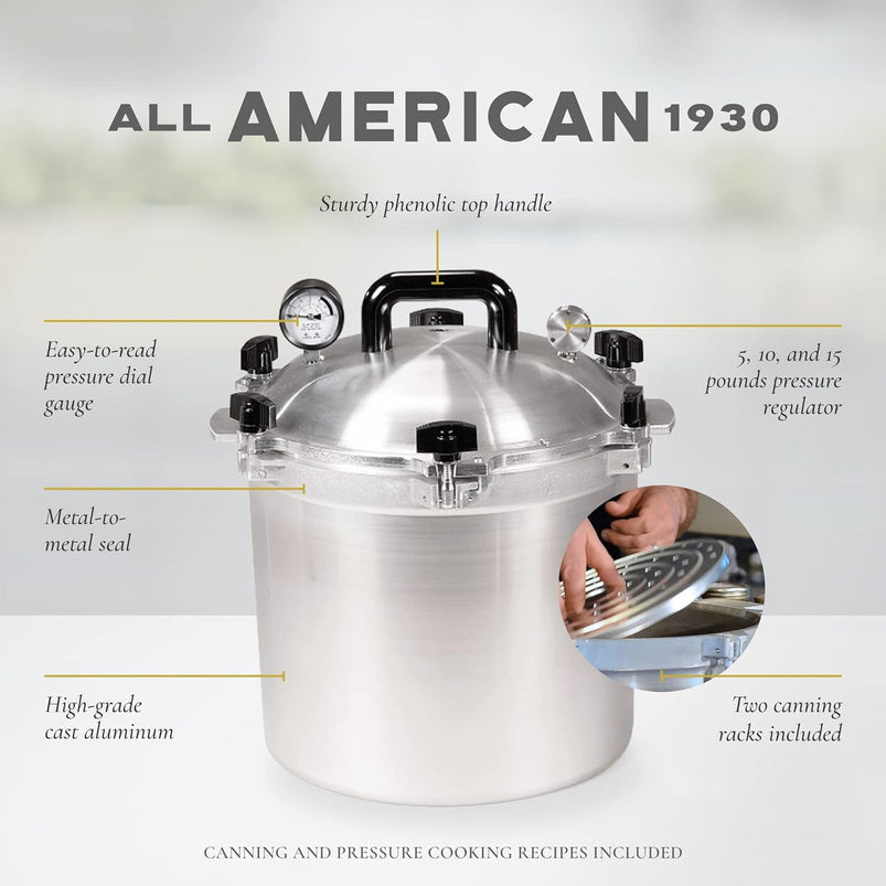 All American 1930, 21.5qt Pressure Cooker/Canner the 921, Metal to Metal Sealing System, Easy to Open and Close, Suitable for Gas, Electric