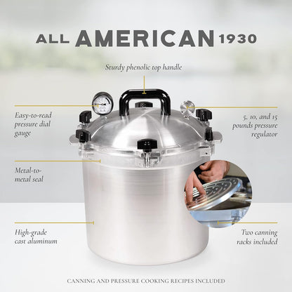 All American 1930, 21.5qt Pressure Cooker/Canner the 921, Metal to Metal Sealing System, Easy to Open and Close, Suitable for Gas, Electric