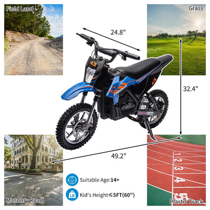 36V Kids Electric Dirt Bike, 36V, 350W, 15.5MPH, LED, 175lbs Max, Blue