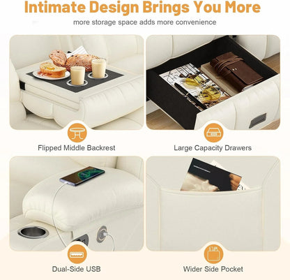 3 Seat Reclining Sofa with Storage Drawer USB Ports and Cup Holders Manual Couch