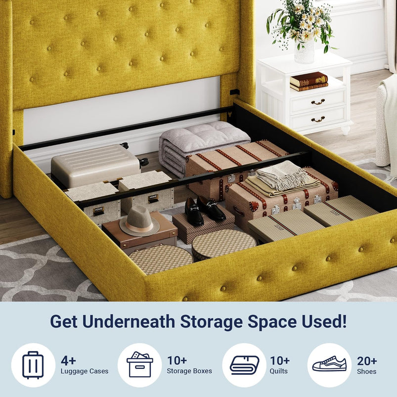 Allewie Queen Size Lift up Storage Bed, Modern Wingback Headboard, Hydraulic Support, Light Beige