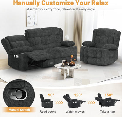 3 Seat Reclining Sofa with Storage Drawer USB Ports and Cup Holders Manual Couch