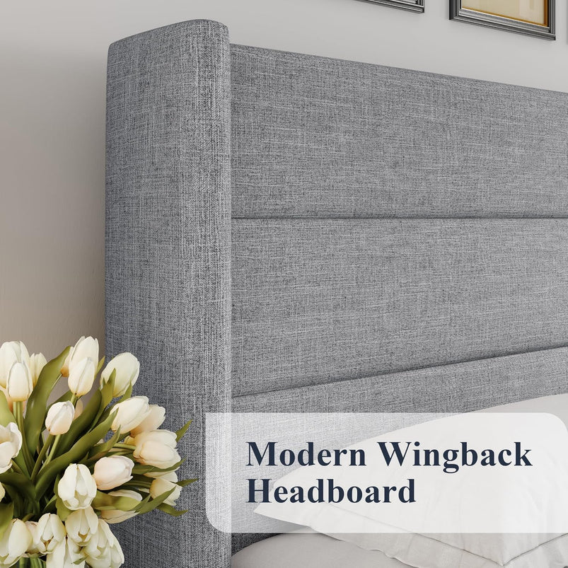 Allewie Queen Size Lift up Storage Bed, Modern Wingback Headboard, Hydraulic Support, Light Beige