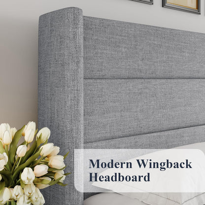 Allewie Queen Size Lift up Storage Bed, Modern Wingback Headboard, Hydraulic Support, Light Beige