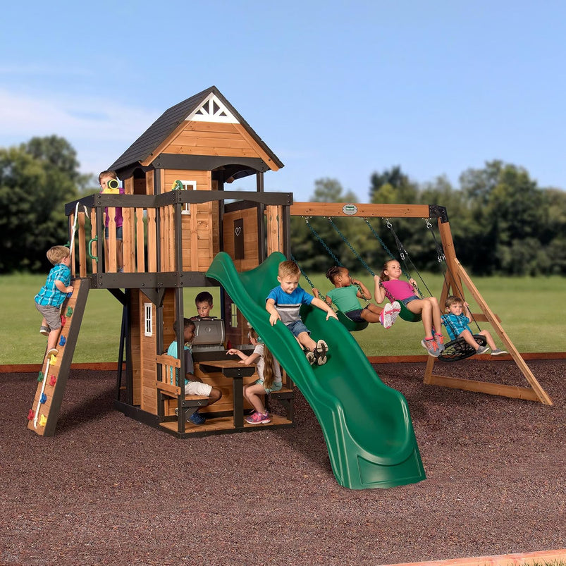 Canyon Creek Cedar Wood Swing Set with Wave Slide, Clubhouse, Play Kitchen, Picnic Area, Belt Swings, Web Swing, Rock Wall, Balconies, Playhouse