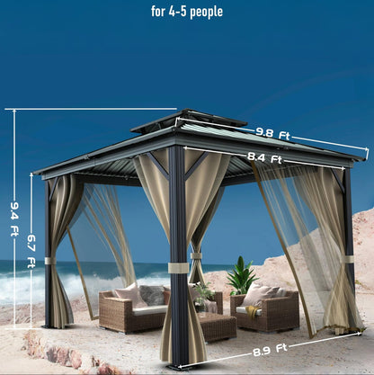 10x10 Hardtop Gazebo with Double Metal Roof, Aluminum Frame, Net, and Curtain. All-Weather, Ideal for Patio, Deck, Garden, Backyard. Khaki