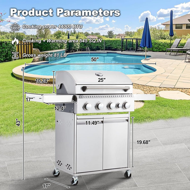 Upgraded 4 Burner BBQ Propane Gas Grill with Cast Iron Grates and Side Stove, 44, 000 BTU Stainless Steel Burner Barbecue Grill for Patio, Camping