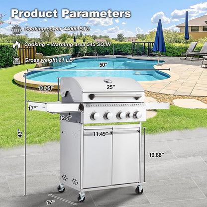 Upgraded 4 Burner BBQ Propane Gas Grill with Cast Iron Grates and Side Stove, 44, 000 BTU Stainless Steel Burner Barbecue Grill for Patio, Camping