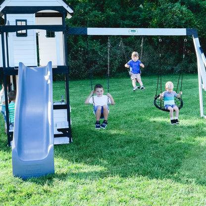 Backyard Discovery Canyon Creek Cedar Wood Swing Set with Wave Slide, Clubhouse, Play Kitchen, Picnic Area, Belt Swings, Web Swing, Rock Wall