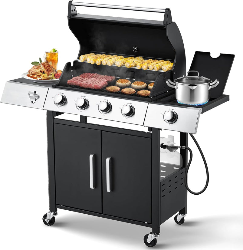 Upgraded 4 Burner BBQ Propane Gas Grill with Cast Iron Grates and Side Stove, 44, 000 BTU Stainless Steel Burner Barbecue Grill for Patio, Camping