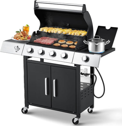 Upgraded 4 Burner BBQ Propane Gas Grill with Cast Iron Grates and Side Stove, 44, 000 BTU Stainless Steel Burner Barbecue Grill for Patio, Camping