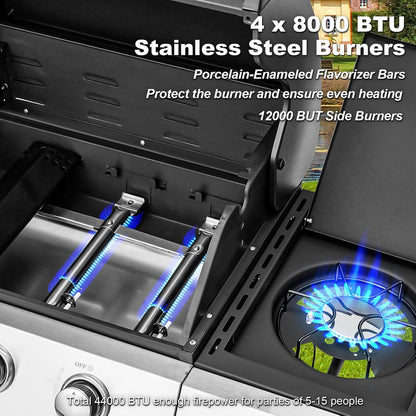 Upgraded 4 Burner BBQ Propane Gas Grill with Cast Iron Grates and Side Stove, 44, 000 BTU Stainless Steel Burner Barbecue Grill for Patio, Camping