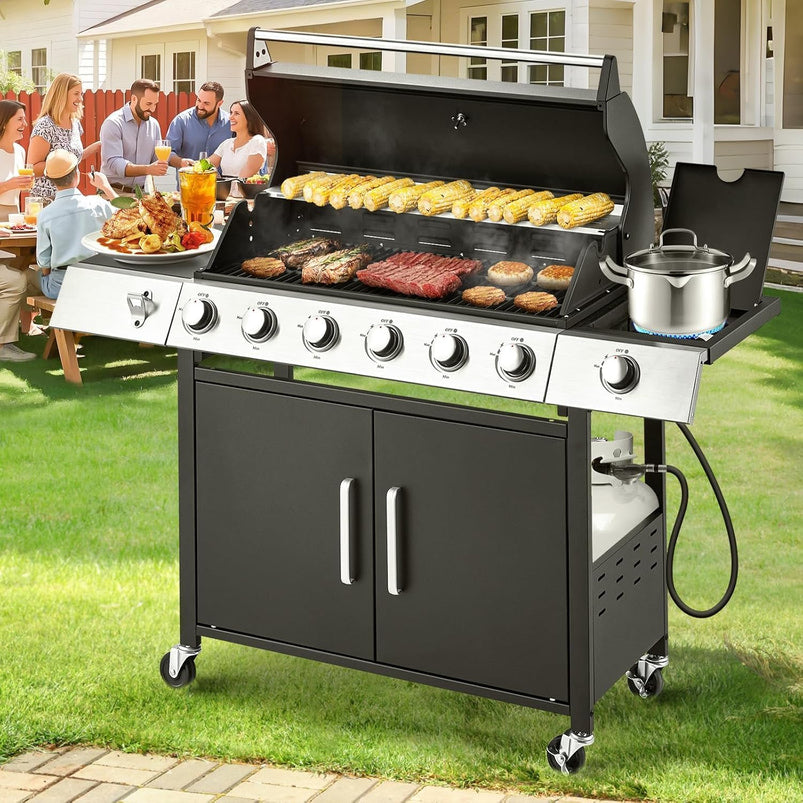 Upgraded 4 Burner BBQ Propane Gas Grill with Cast Iron Grates and Side Stove, 44, 000 BTU Stainless Steel Burner Barbecue Grill for Patio, Camping