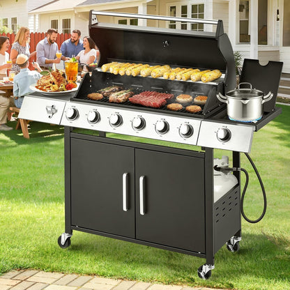 Upgraded 4 Burner BBQ Propane Gas Grill with Cast Iron Grates and Side Stove, 44, 000 BTU Stainless Steel Burner Barbecue Grill for Patio, Camping