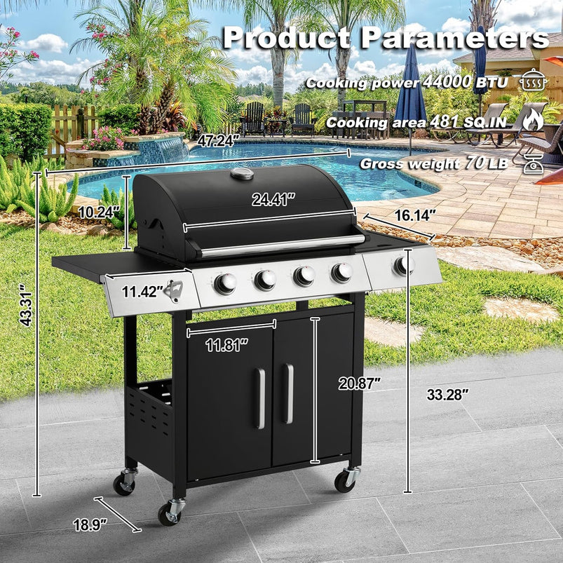 Upgraded 4 Burner BBQ Propane Gas Grill with Cast Iron Grates and Side Stove, 44, 000 BTU Stainless Steel Burner Barbecue Grill for Patio, Camping