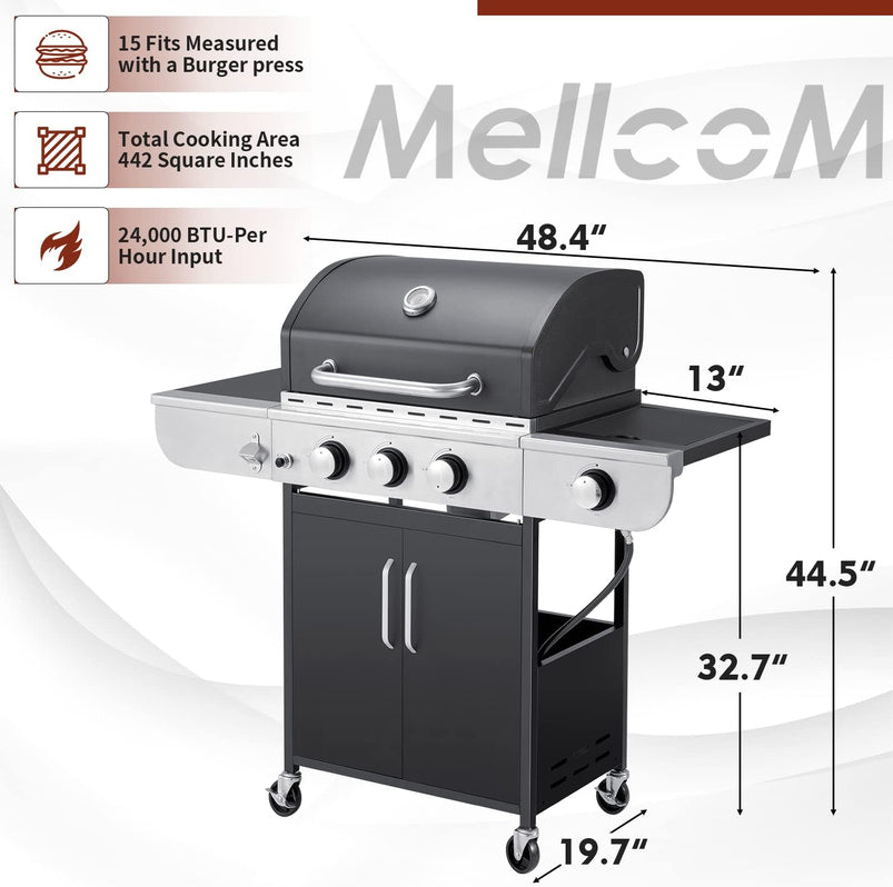 Upgraded 4 Burner BBQ Propane Gas Grill with Cast Iron Grates and Side Stove, 44, 000 BTU Stainless Steel Burner Barbecue Grill for Patio, Camping