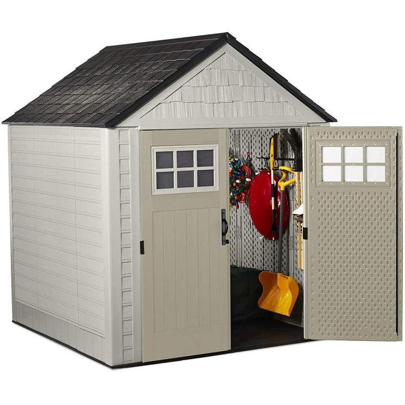 7x7 Ft Durable Weather Resistant Resin Outdoor Garden Storage Shed with Windows and Utility Hooks, Sand