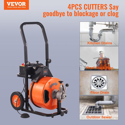 Drain Cleaner Machine 100FT x 1/2Inch, Auto Feed Sewer Snake Auger with 4 Cutter and Air-Activated Foot Switch for 1" to 4" Pipes, Orange, Black