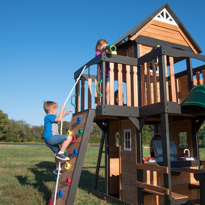 Backyard Discovery Canyon Creek Cedar Wood Swing Set with Wave Slide, Clubhouse, Play Kitchen, Picnic Area, Belt Swings, Web Swing, Rock Wall