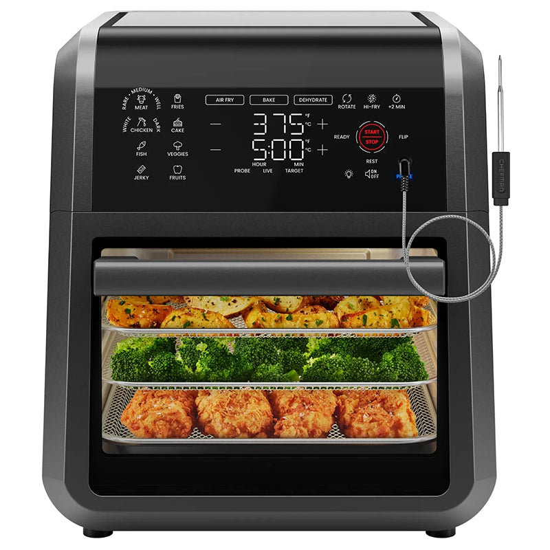 12 Quart 5-in-1 Air Fryer with Integrated Smart Thermometer, 28 Presets, Black