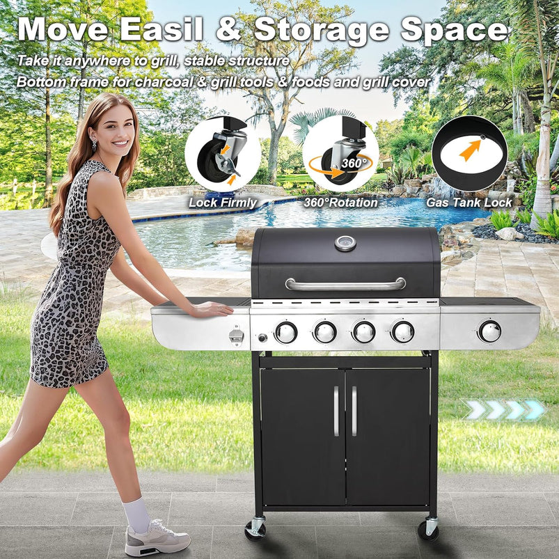 Upgraded 4 Burner BBQ Propane Gas Grill with Cast Iron Grates and Side Stove, 44, 000 BTU Stainless Steel Burner Barbecue Grill for Patio, Camping