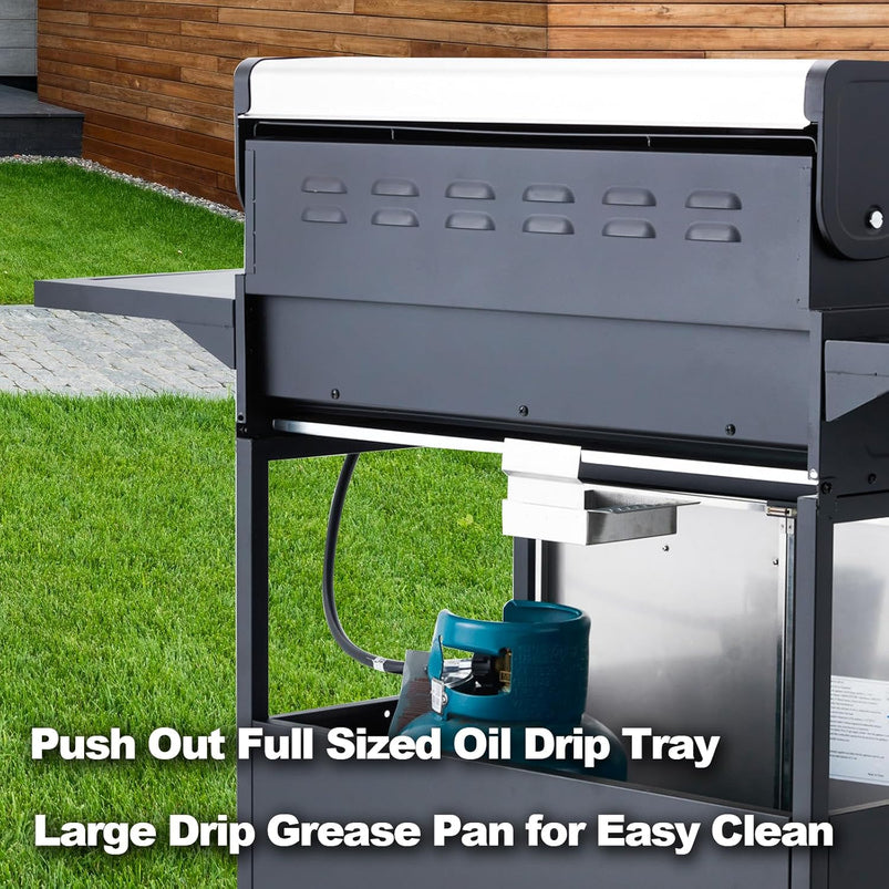 Upgraded 4 Burner BBQ Propane Gas Grill with Cast Iron Grates and Side Stove, 44, 000 BTU Stainless Steel Burner Barbecue Grill for Patio, Camping