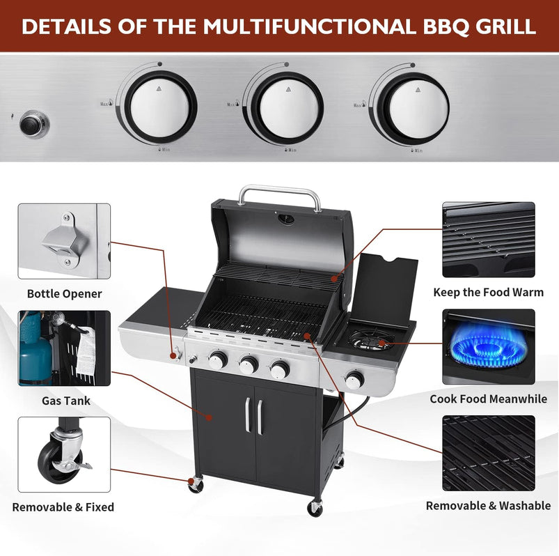 Upgraded 4 Burner BBQ Propane Gas Grill with Cast Iron Grates and Side Stove, 44, 000 BTU Stainless Steel Burner Barbecue Grill for Patio, Camping