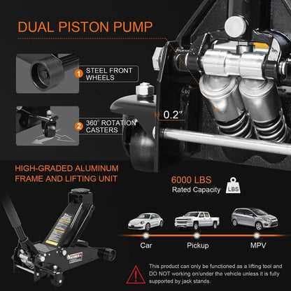 3 Ton Floor Jack Hydraulic Heavy Duty Steel Car Jack with Quick Lift Dual Pump, Black, W8303-B