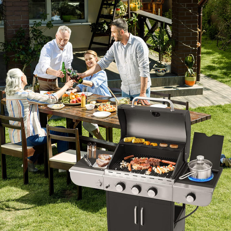 Upgraded 4 Burner BBQ Propane Gas Grill with Cast Iron Grates and Side Stove, 44, 000 BTU Stainless Steel Burner Barbecue Grill for Patio, Camping